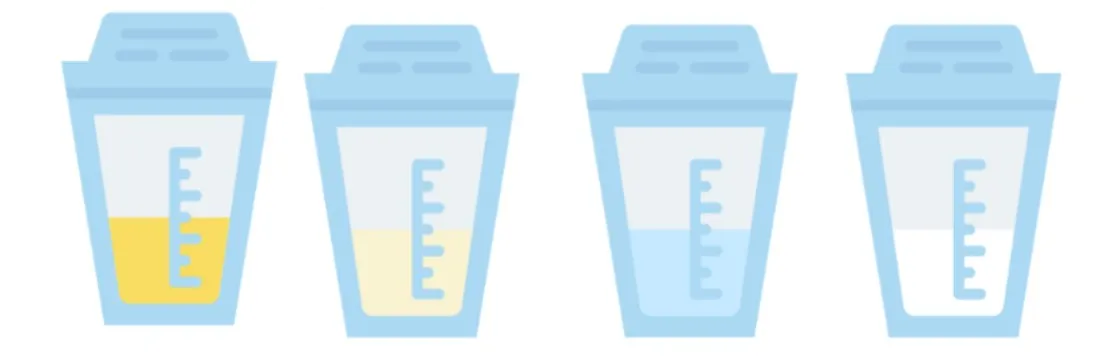Ilustración de cuatro recipientes de leche materna con leche de distintos colores: amarillo, amarillo claro, azulado y blanco.