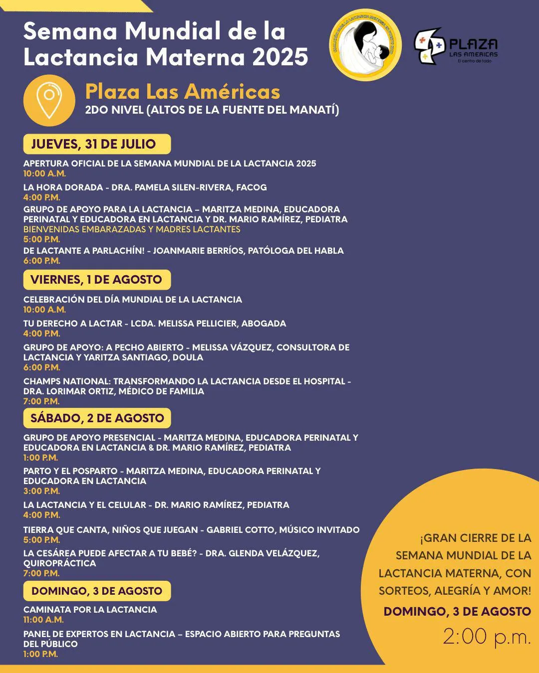 Programa de actividades de la Semana Mundial de la Lactancia Materna 2025 en Plaza Las Américas, del 31 de julio al 3 de agosto.