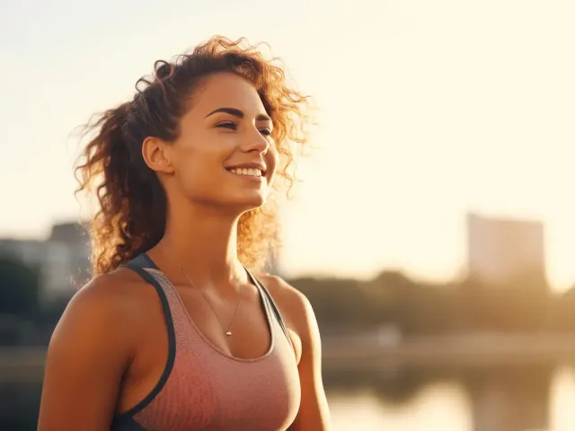 Mujer sonriendo al aire libre durante una caminata al atardecer